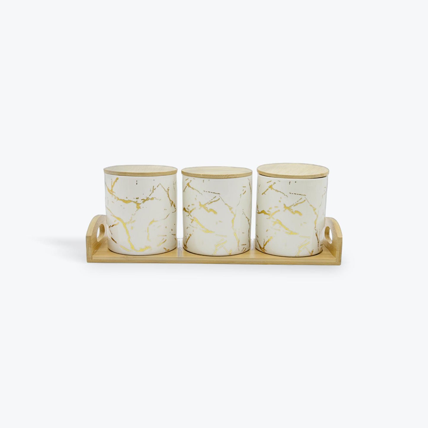 3PCS Porcelain Canister Set With Bamboo Lids And Tray-White Marble