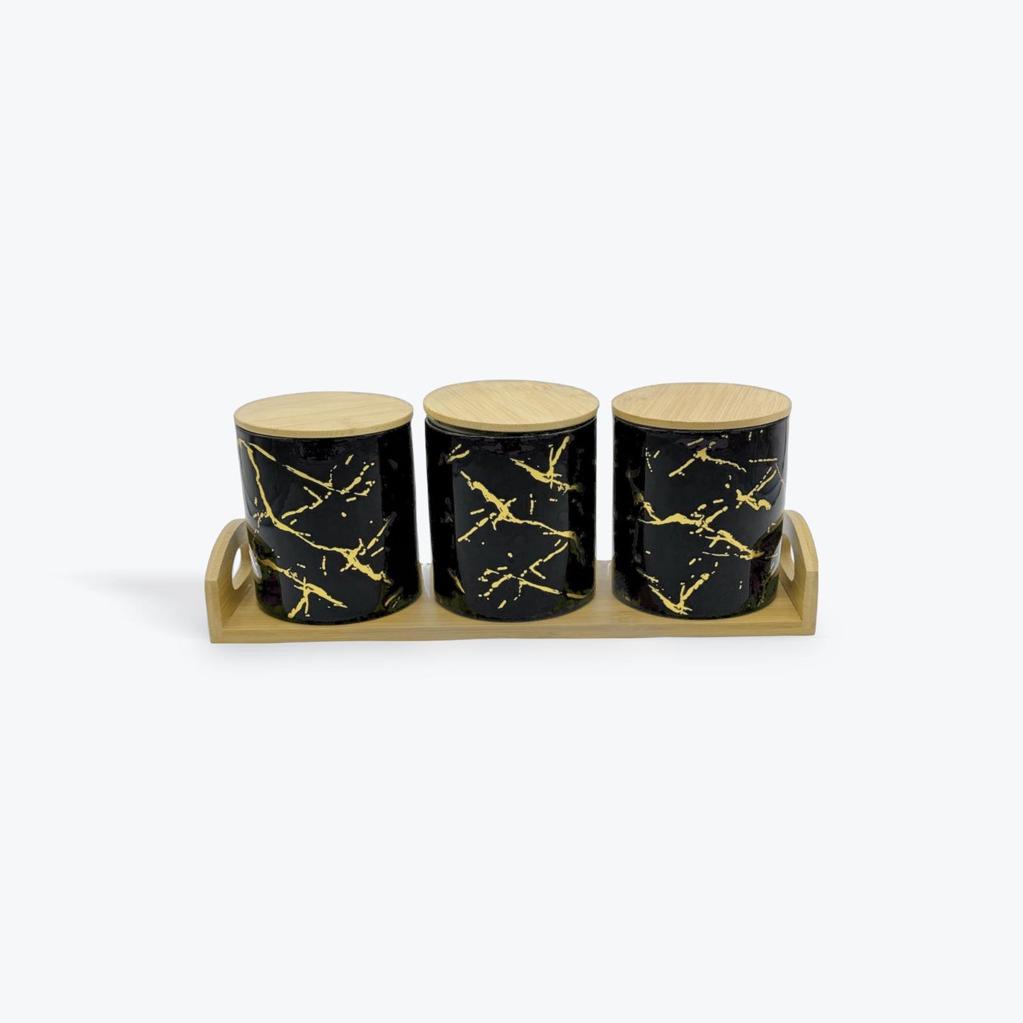 3PCS Black Marble Ceramic Canister Set With Bamboo Lids & Tray -Black Marble