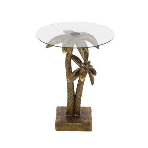 Decorative side table with palm tree design and glass top.