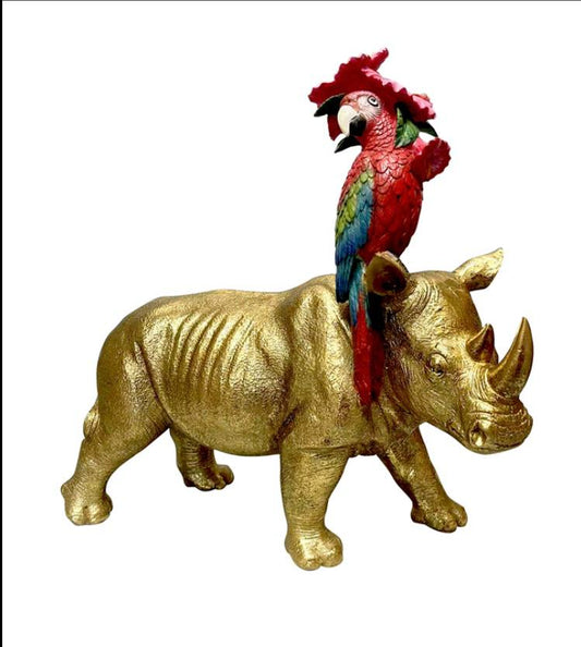 Resin Gold Rhino With Parrot