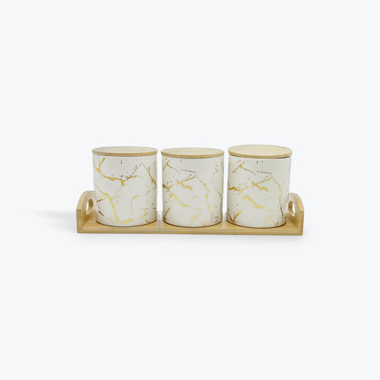 3PCS Porcelain Canister Set With Bamboo Lids And Tray-White Marble