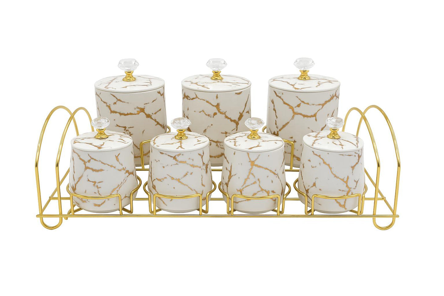 7-Pieces Porcelain Spice Canister Set With Metal Stand White Marble