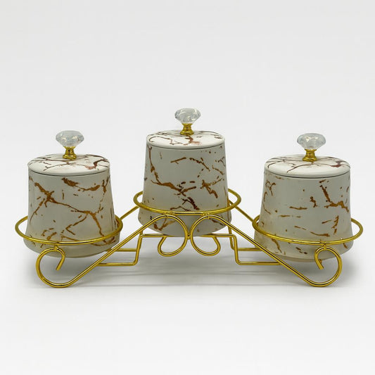 3PCS Porcelain Canister Set, White/Gold Marble