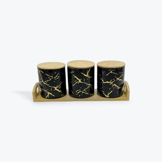 3PCS Black Marble Ceramic Canister Set With Bamboo Lids & Tray -Black Marble