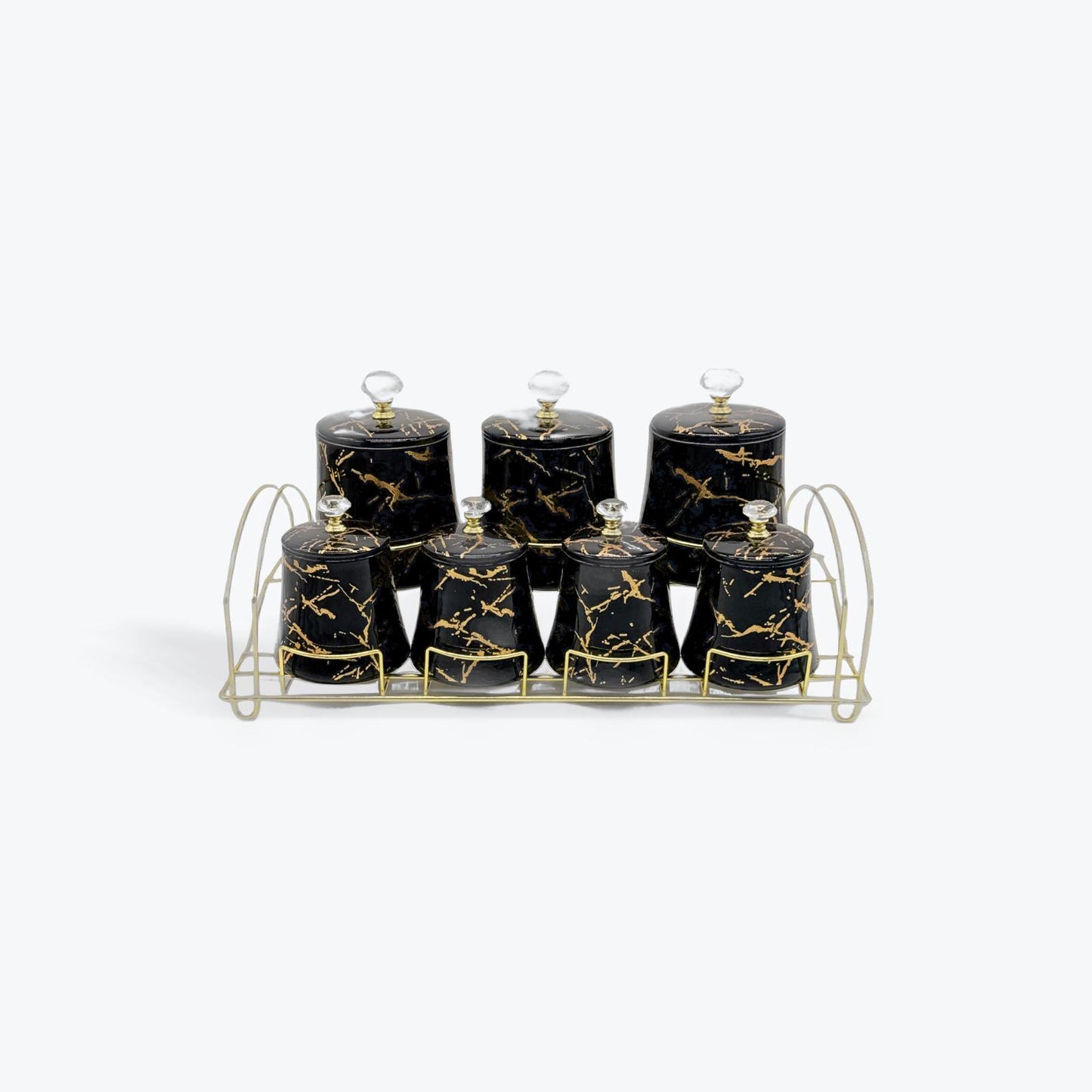7-Pieces Porcelain Spice Canister Set With Metal Stand Black Marble