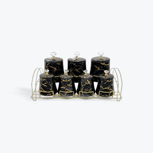 7-Pieces Porcelain Spice Canister Set With Metal Stand Black Marble